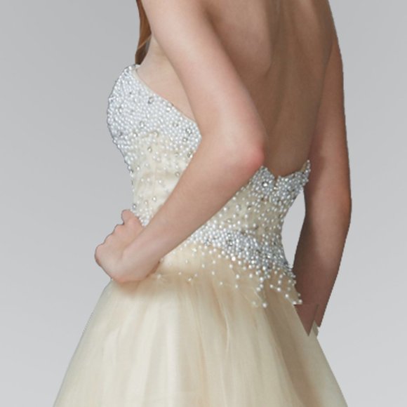 NEW LONG SLEEVELESS STRAPLESS A-LINE TULLE DRESS EMBROIDERED WITH PEARLS GL2155 - Picture 6 of 10